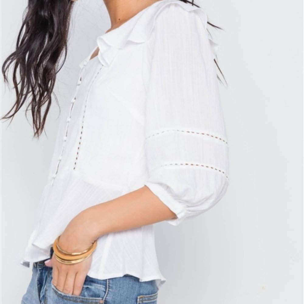 White Crochet Trim Button Down Boho Top - Picture 4 of 4